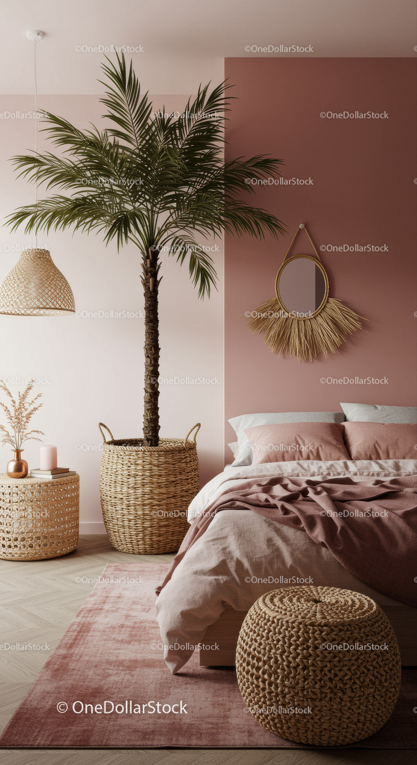 Modna sypialnia w stylu boho z dużą dekoracją z palm i rattanu