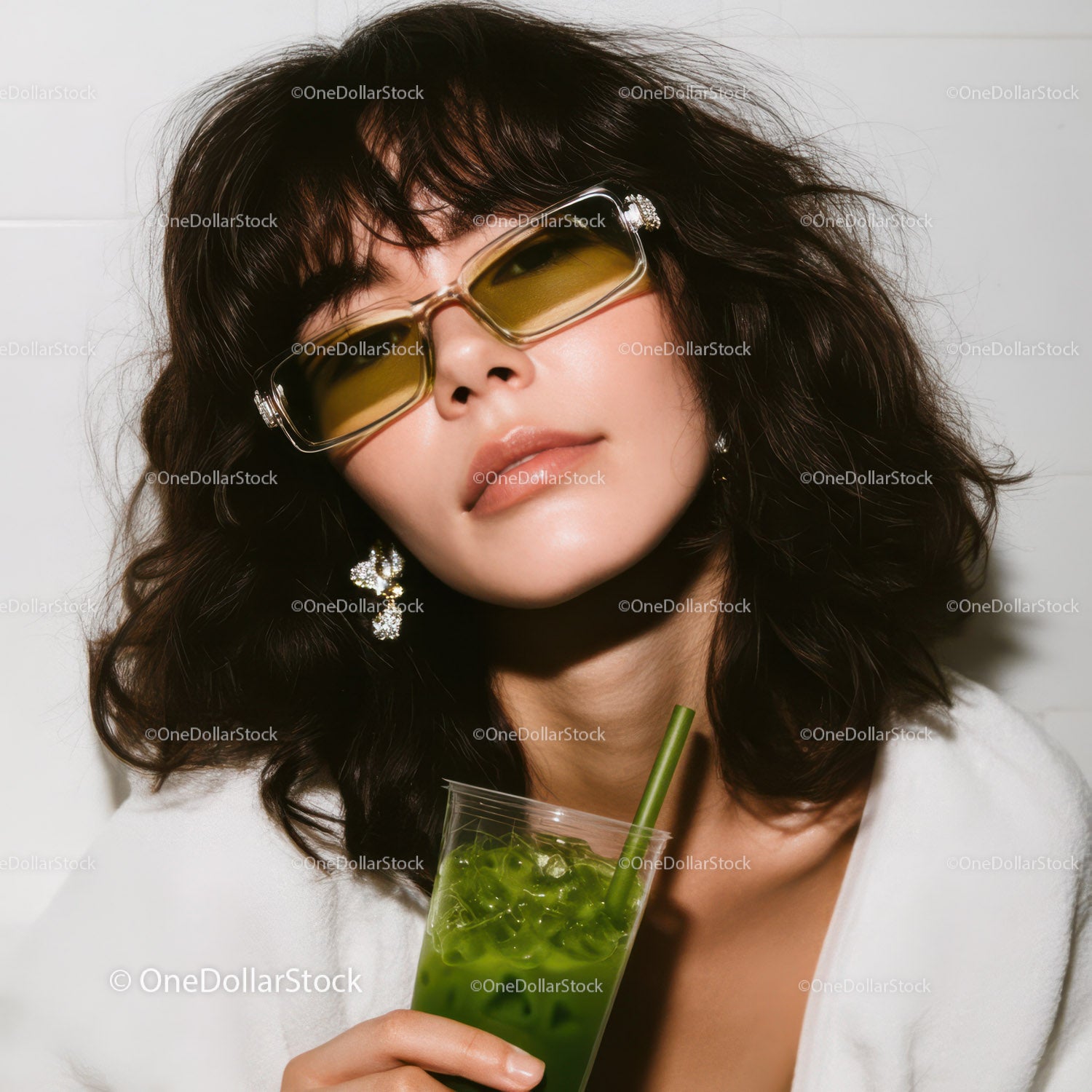 Stylish Woman with Yellow Sunglasses Holding Iced Green Tea