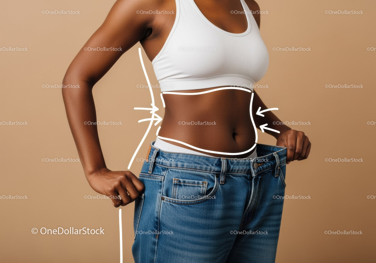 Woman Measuring Waistline with White Sports Bra and Blue Jeans