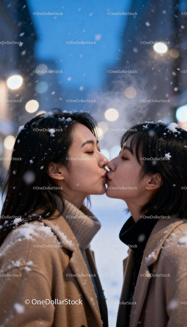 Couple sharing a tender kiss on a snowy winter evening