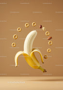 Peeled banana surrounded by cereal and nuts in pattern