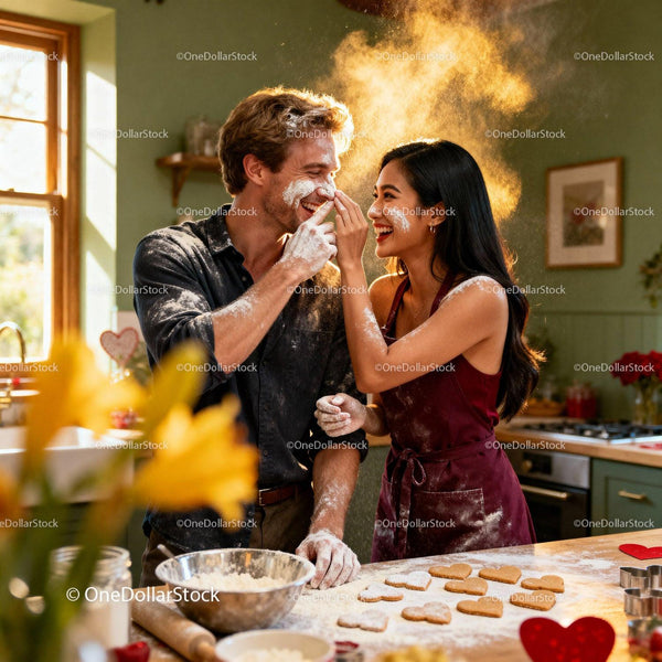 Couple Playfully Baking Heart Cookies Together