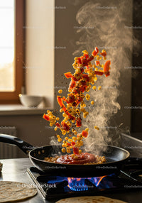Sizzling corn and red peppers tossed in frying pan
