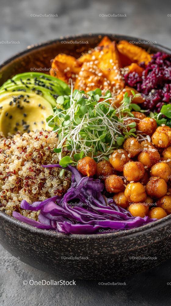 Kolorowa miska quinoa ze świeżymi warzywami i ciecierzycą