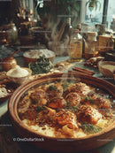Clay Pot with Baked Chicken Garnished with Herbs in Cozy Kitchen