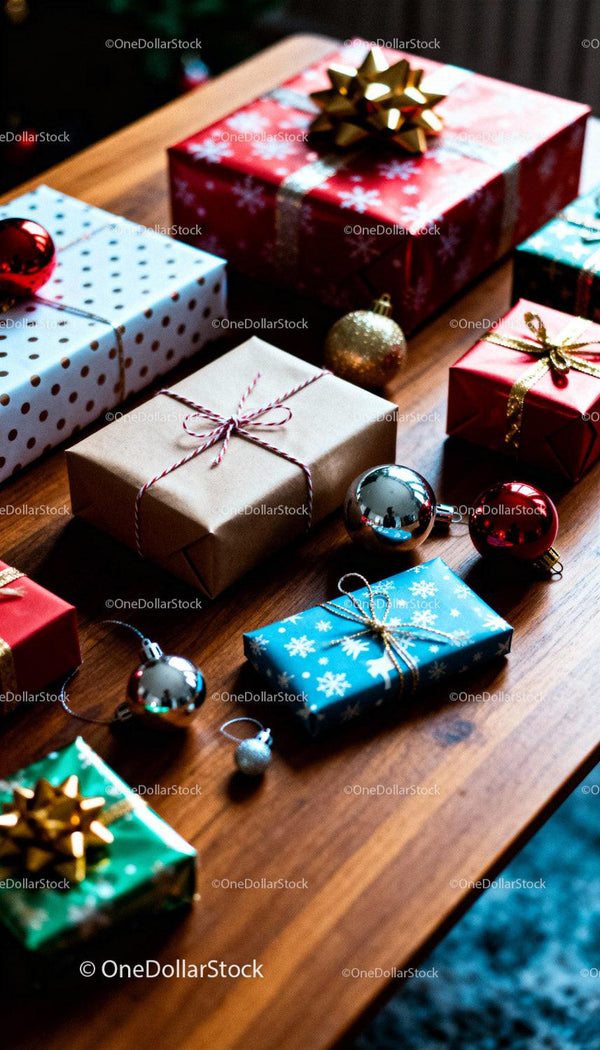 Variety of Festive Christmas Gifts on Wooden Table