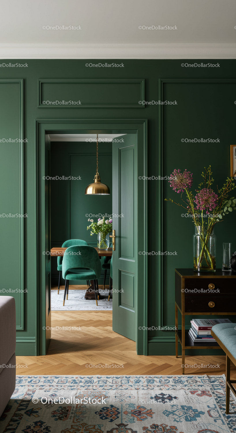Elegant Green Walled Interior with Floral Accents and Gold Lighting