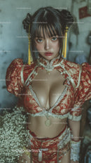 Elegant Woman in Red Qipao with Floral Details and Cleavage