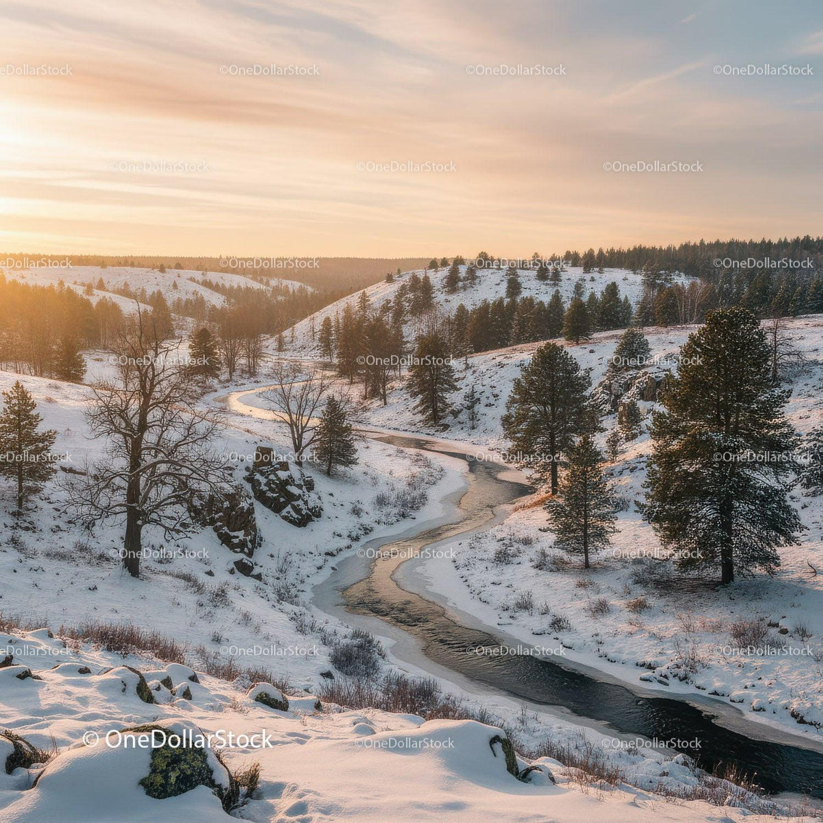 Serene winter river winding through snowy landscape