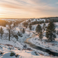 Serene winter river winding through snowy landscape