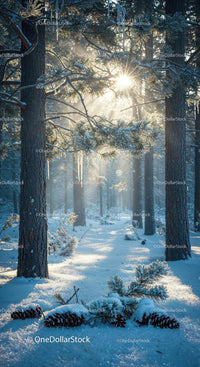 Morning Sunlight Piercing Through Snowy Pine Forest