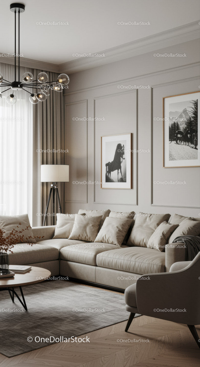 Elegancki, nowoczesny salon z beżową sofą i czarno-białymi obrazami