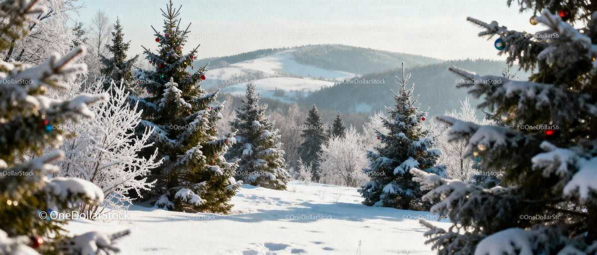 Snow-covered Christmas trees in a peaceful winter forest