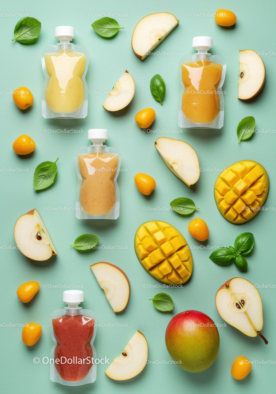Fresh fruit puree pouches with mango, pear, and kumquat