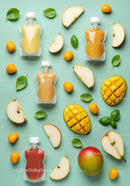 Fresh fruit puree pouches with mango, pear, and kumquat