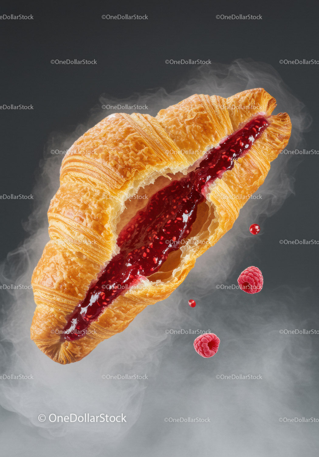 Fresh raspberry croissant with jam filling in steam