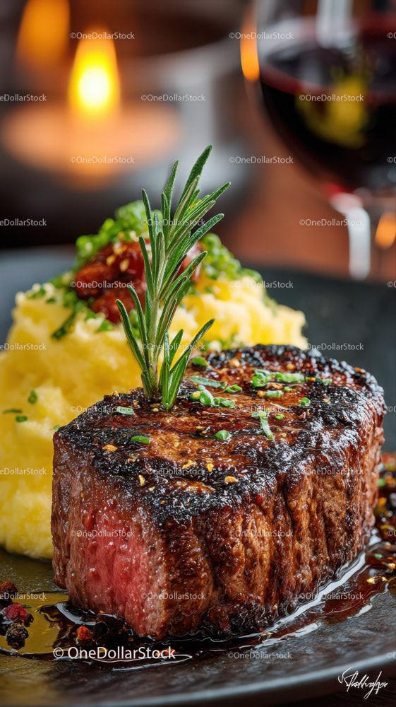 Gourmet Steak with Mashed Potatoes and Rosemary Garnish