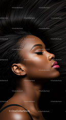Elegant woman with flowing black hair and vibrant lips