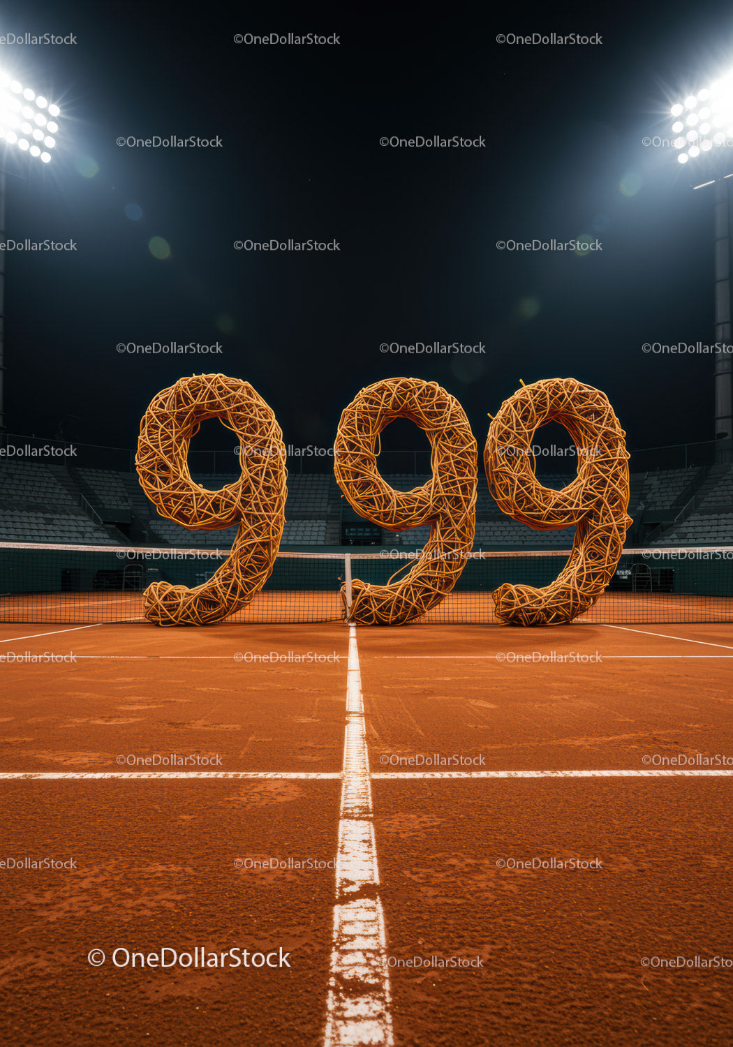 Large wicker numbers on illuminated clay tennis court at night