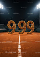 Large wicker numbers on illuminated clay tennis court at night