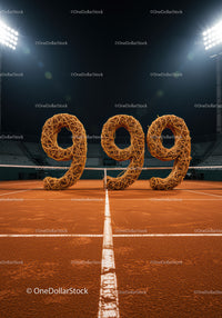 Large wicker numbers on illuminated clay tennis court at night