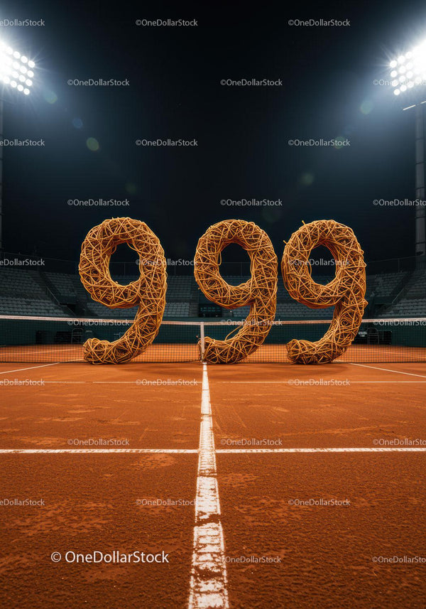 Large wicker numbers on illuminated clay tennis court at night