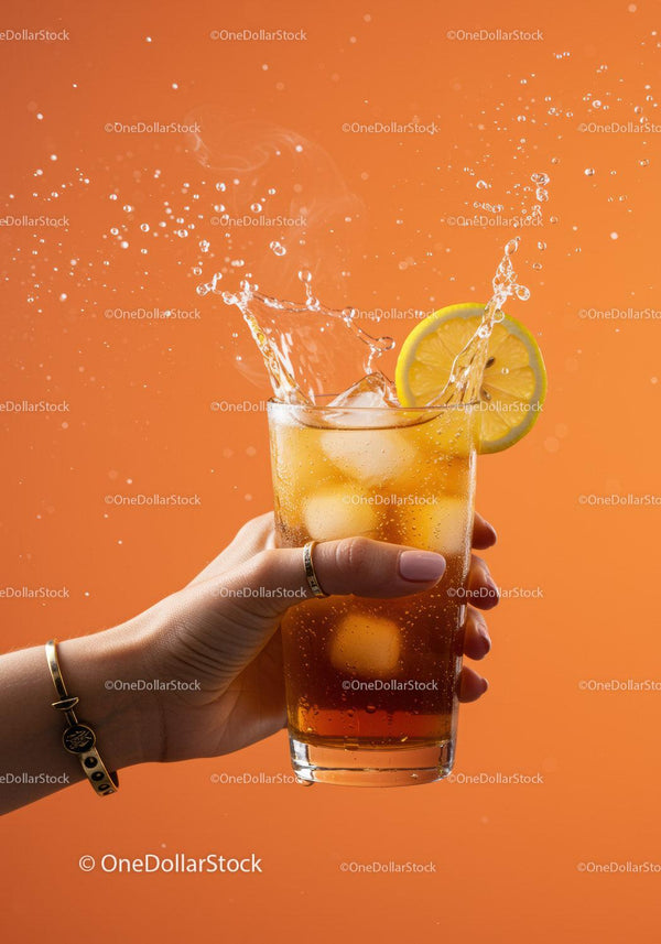 Refreshing iced tea splash with lemon slice on orange background