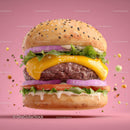 Juicy Cheeseburger with Melty Cheese and Fresh Vegetables on Pink Background