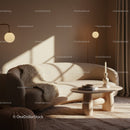 Cozy beige living room with modern curved sofa