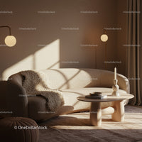 Cozy beige living room with modern curved sofa