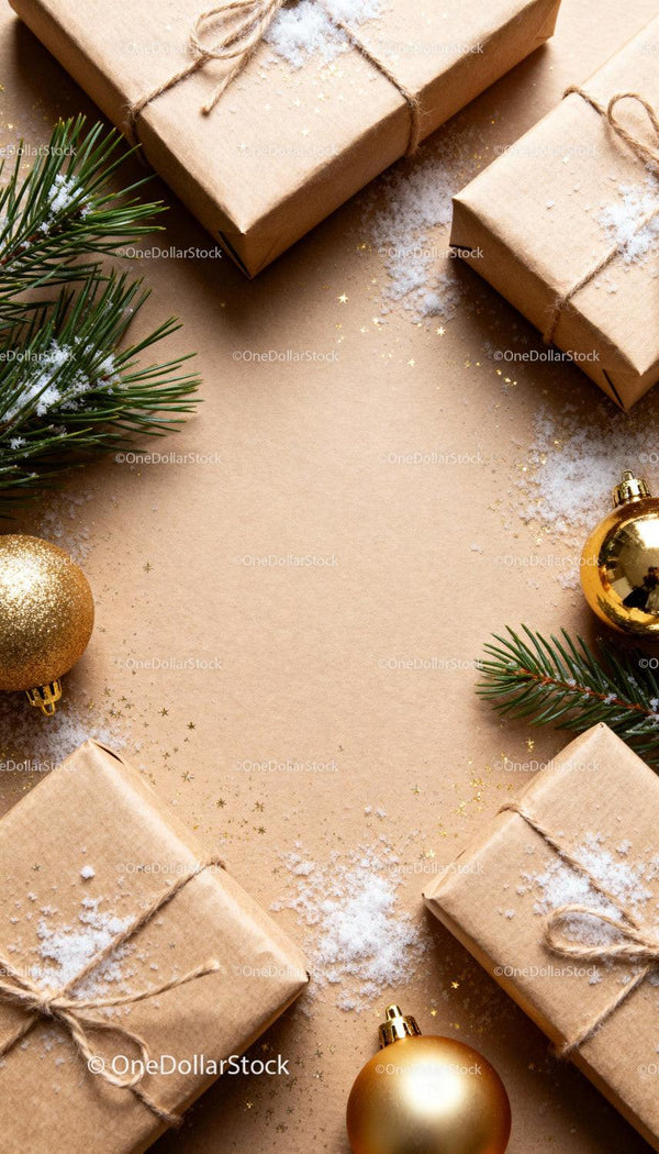 Natural Christmas Gifts Wrapped with Pine and Ornaments