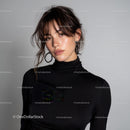 Young Woman in Black Turtleneck with Trendy Hairstyle and Earrings