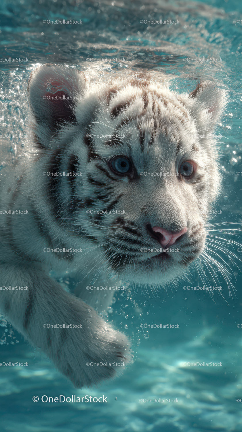 White tiger cub swimming underwater with piercing blue eyes