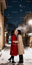 Couple sharing a tender kiss on snowy winter street