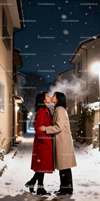 Couple sharing a tender kiss on snowy winter street