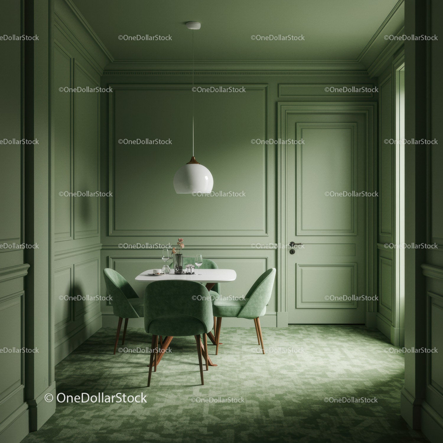 Green Wall Interior with Velvet Chairs and Modern Dining Table
