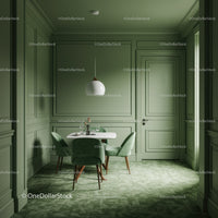 Green Wall Interior with Velvet Chairs and Modern Dining Table