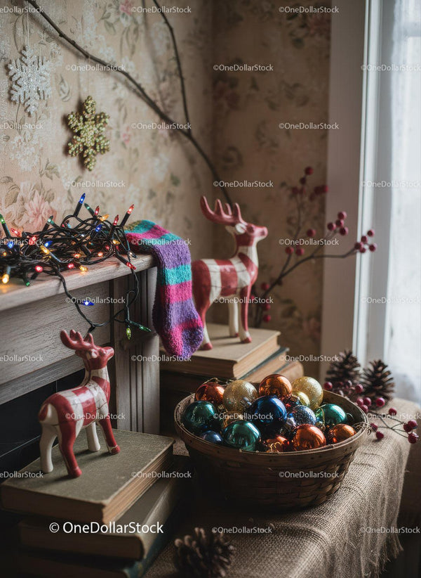 Cozy Christmas vignette with rustic reindeer figurines