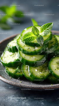 Fresh Cucumber Slices with Mint Leaves on Black Plate for Refreshing Snack