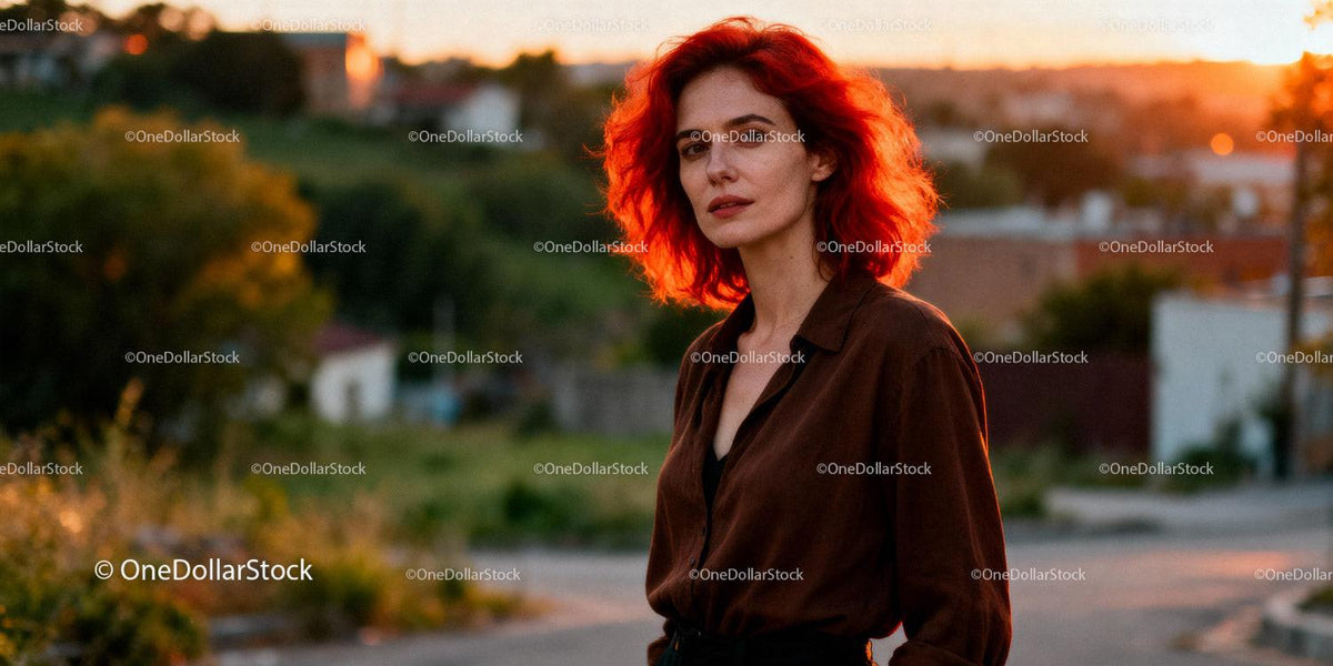 Confident woman with vibrant red hair at sunset outdoors