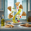 Fresh Mediterranean Salad Ingredients Floating Over Bowl