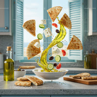 Fresh Mediterranean Salad Ingredients Floating Over Bowl