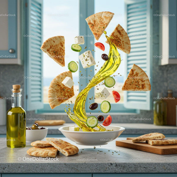 Fresh Mediterranean Salad Ingredients Floating Over Bowl