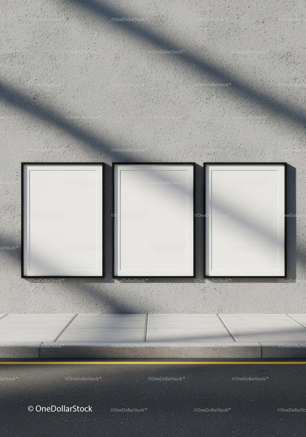Three Empty Posters on Modern Urban Concrete Wall JPG Mockup Image