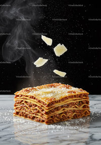 Steaming layered lasagna topped with falling cheese flakes