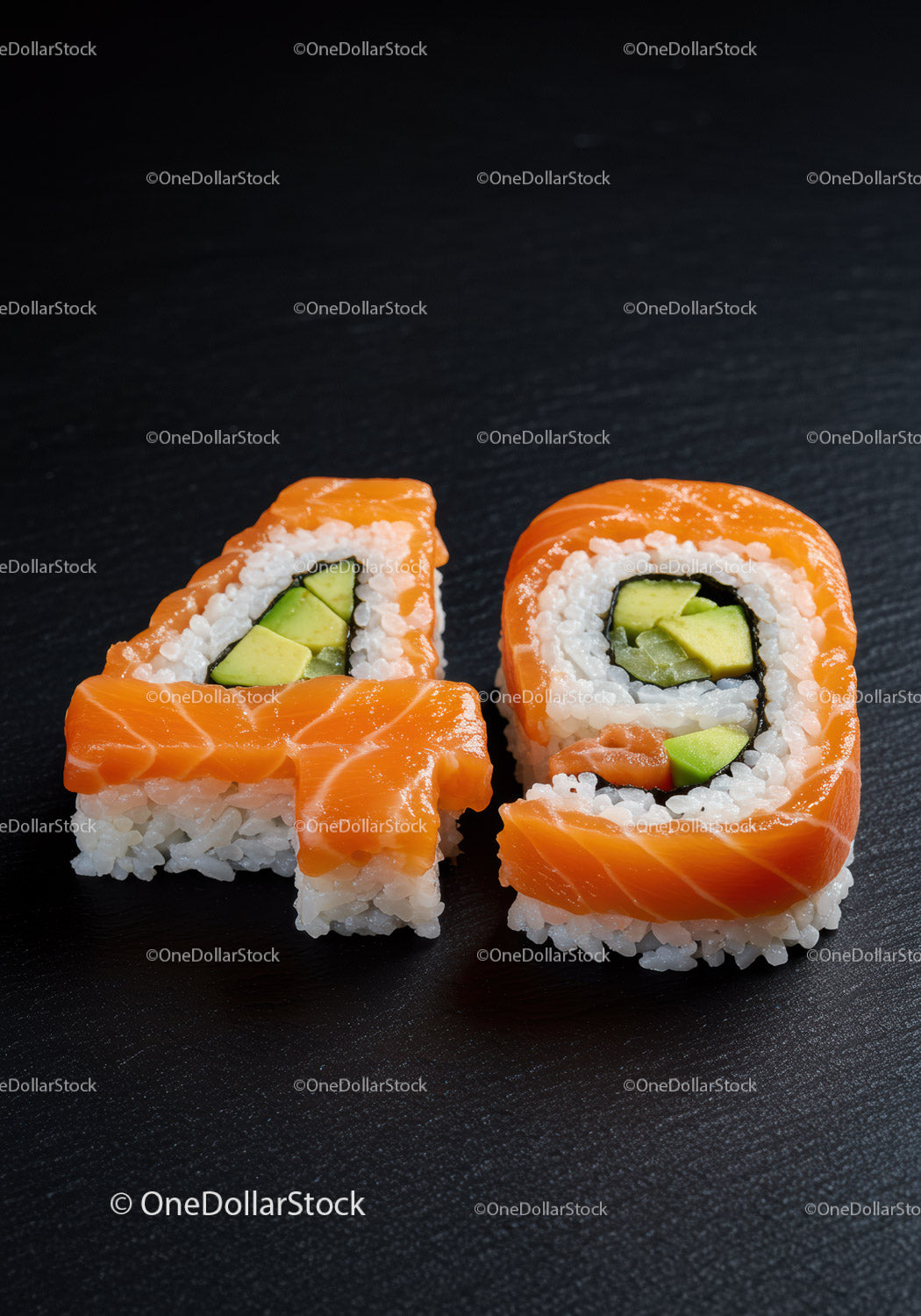 Rolki sushi uformowane w kształt numeru czterdziestego na czarnej powierzchni