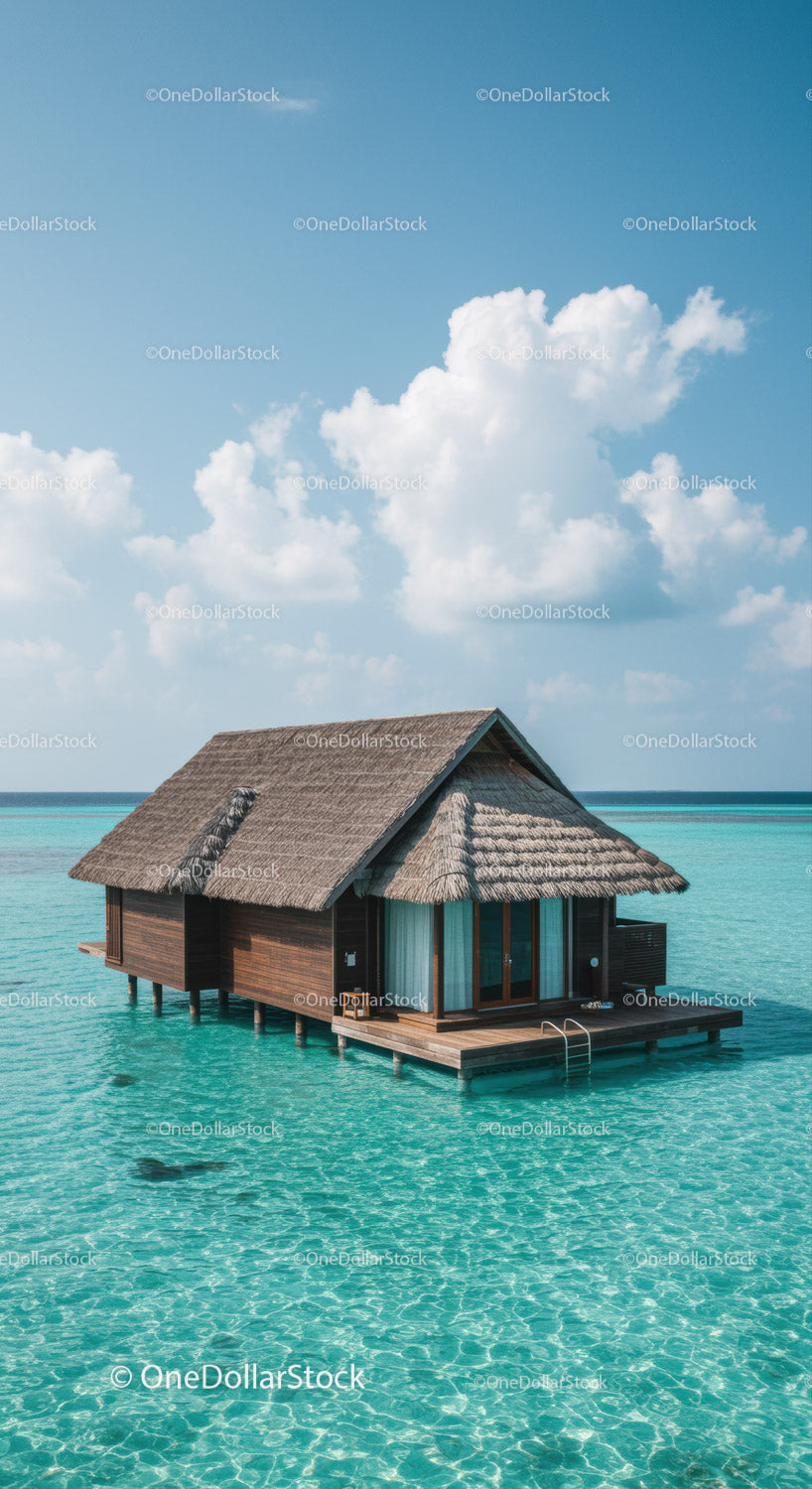 Overwater Bungalow in Tropical Paradise with Turquoise Ocean Scenery