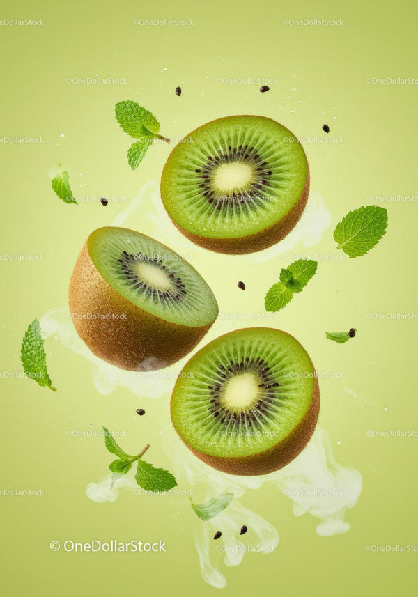 Fresh kiwi halves with mint leaves on light green background