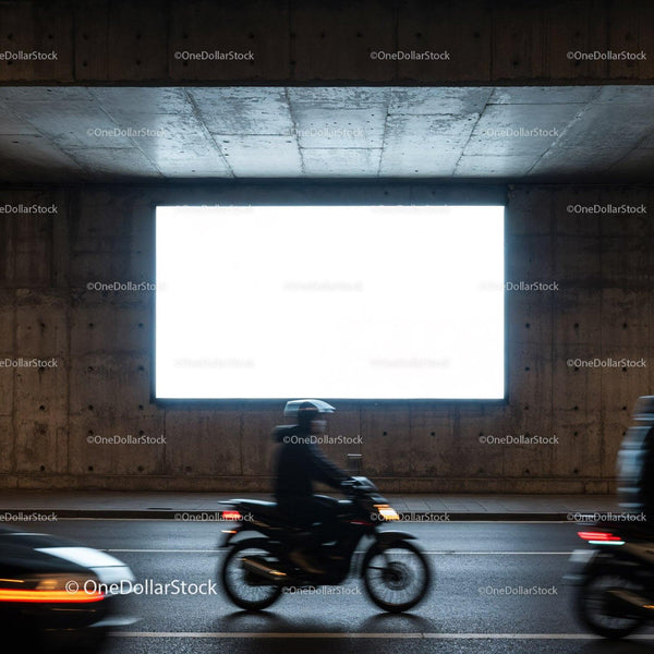 Blurred Motorcycle Riding Past Empty Urban Billboard at Night JPG Mockup Image