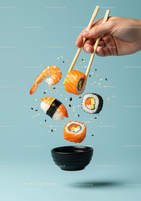 Hand Picking Fresh Sushi Roll Above Soy Sauce Bowl